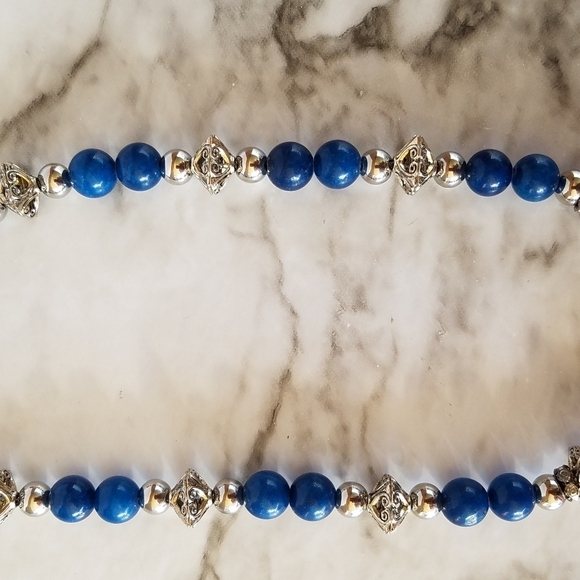Hand Crafted Gemstone Necklace Blue and Silver Iron Beads 17.5 in. choker - Picture 5 of 10